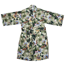 Load image into Gallery viewer, Silky floral and bird patterned Anuschka kimono-style robe on a white background, perfect for self-care spa days.
