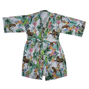 A silky, colorful tropical-print Anuschka robe - 3343 with a tie waist displayed on a white background.