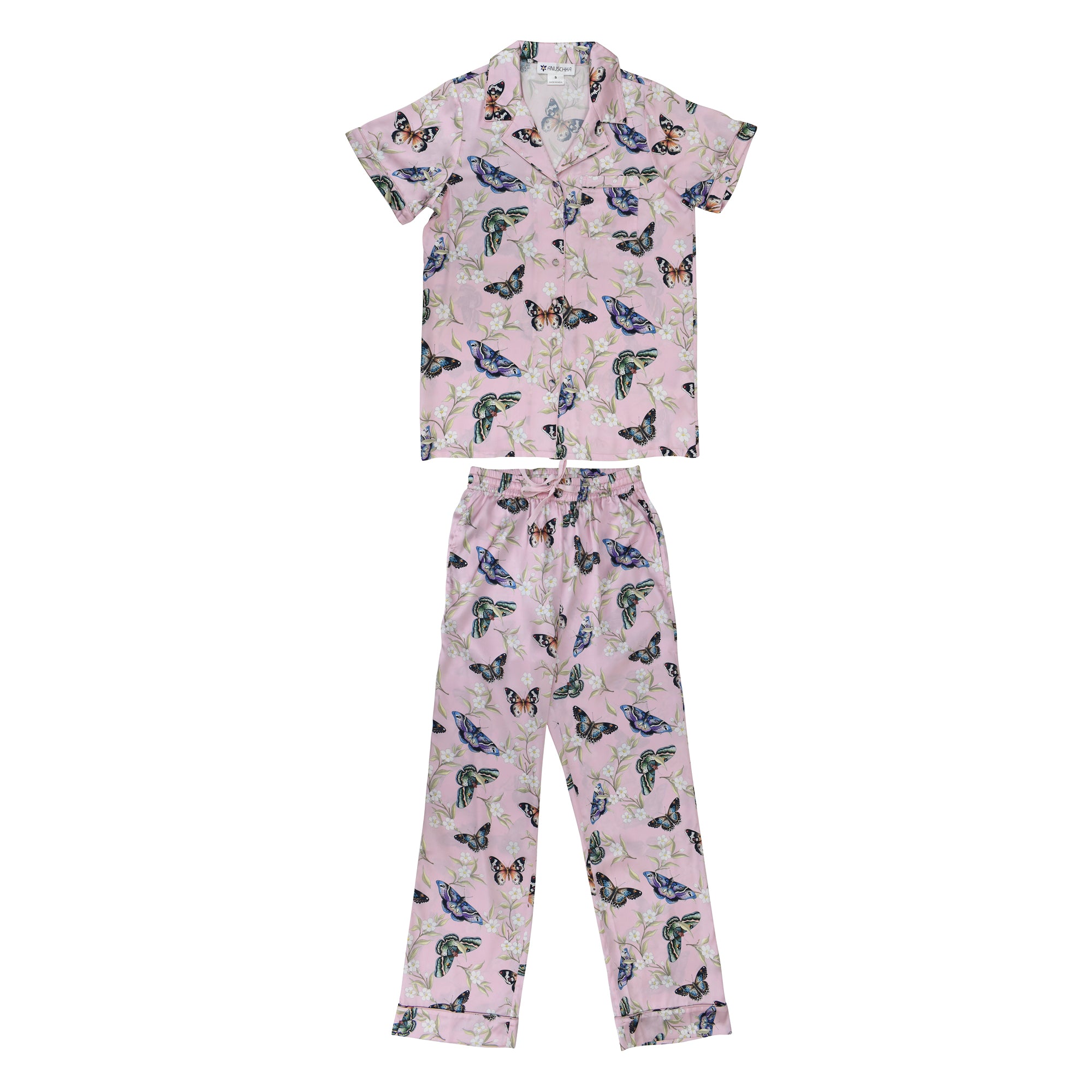 Two-piece Pajama Set - 3344 by Anuschka with an original artwork of floral and bird print design on a light pink background, displayed flat.