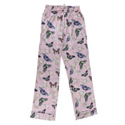 A pair of Anuschka pink trousers with an original artwork butterfly and floral print design.