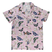 A pink short-sleeved Pajama Set - 3344 from Anuschka, with a butterfly print design from original artwork, displayed flat.