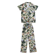 Floral print Anuschka pajama set and matching trousers on white background.