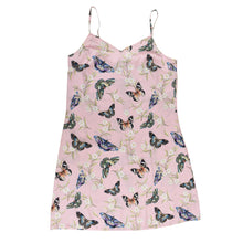Load image into Gallery viewer, Sleeveless pink slip dress with butterfly print design and adjustable shoulder straps, isolated on white background. (Product Name: Anuschka Slip Dress - 3346)
