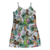 Sleeveless tropical print slip dress with delicate leopard motifs from Anuschka.