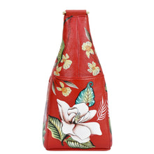 Load image into Gallery viewer, Red Anuschka &quot;Classic Hobo With Side Pockets - 382&quot; handbag with floral pattern.
