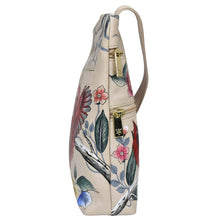 Load image into Gallery viewer, Hand-painted floral-print leather Medium Crossbody With Double Zip Pockets - 447 by Anuschka with side zip pocket and gold-tone hardware.
