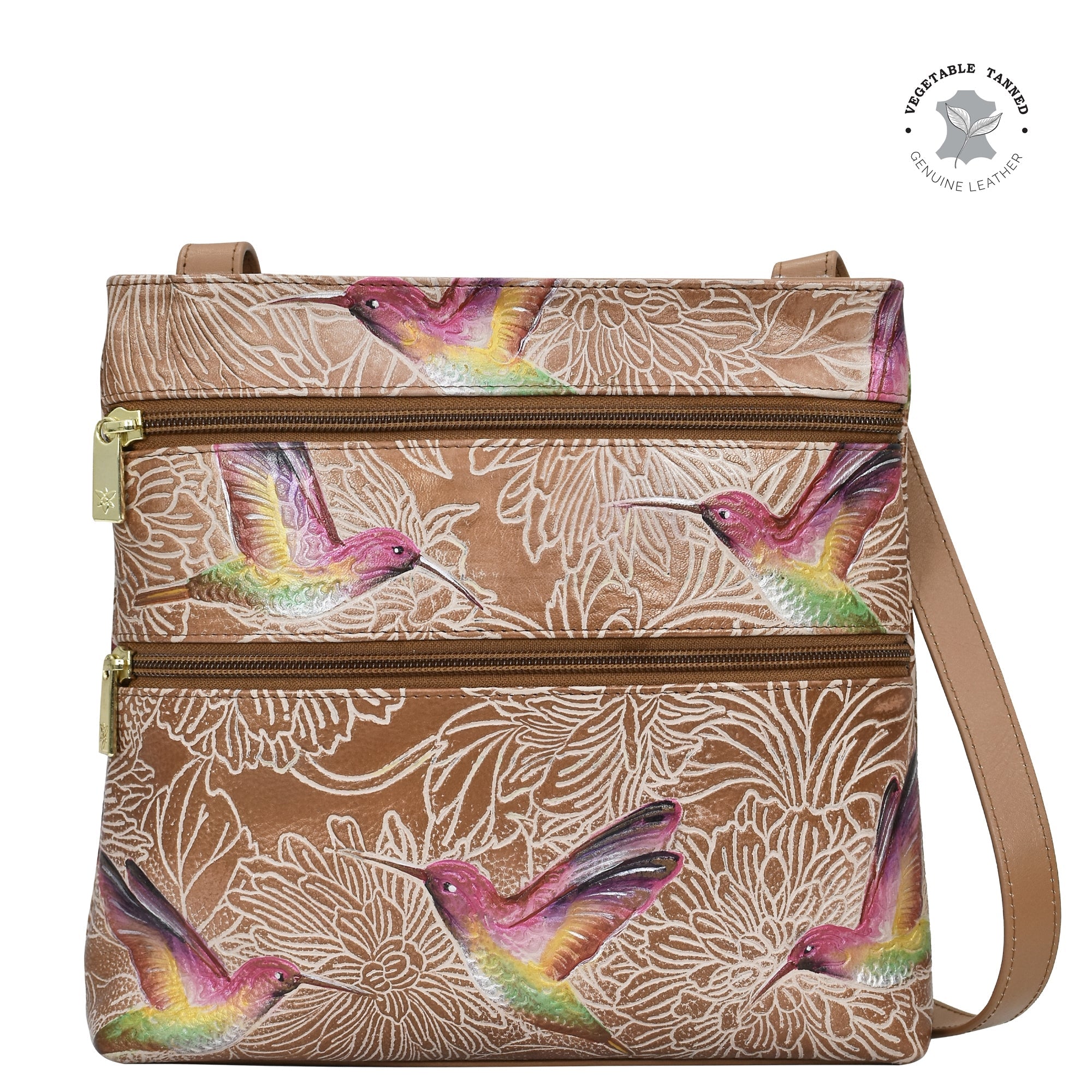 Tooled Bird Tan Medium Crossbody With Double Zip Pockets - 447