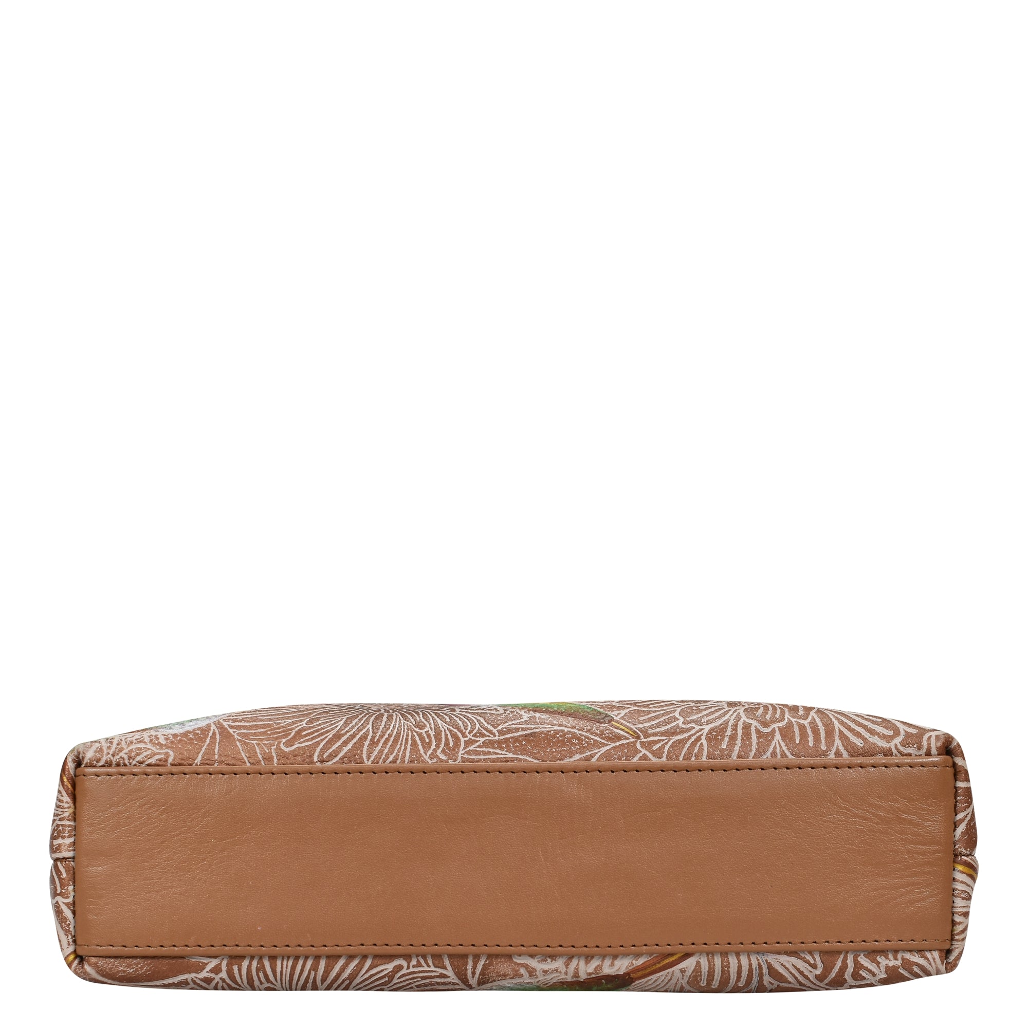 Brown and patterned rectangular zippered Anuschka genuine leather wallet isolated on a white background.