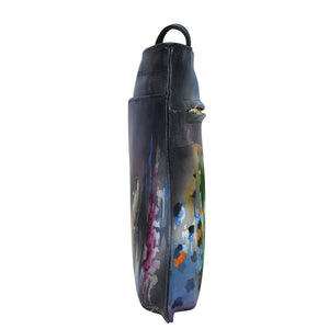 Genuine leather black artist's paintbrush case with colorful paint splatters, featuring the Anuschka Slim Crossbody With Front Zip - 452.