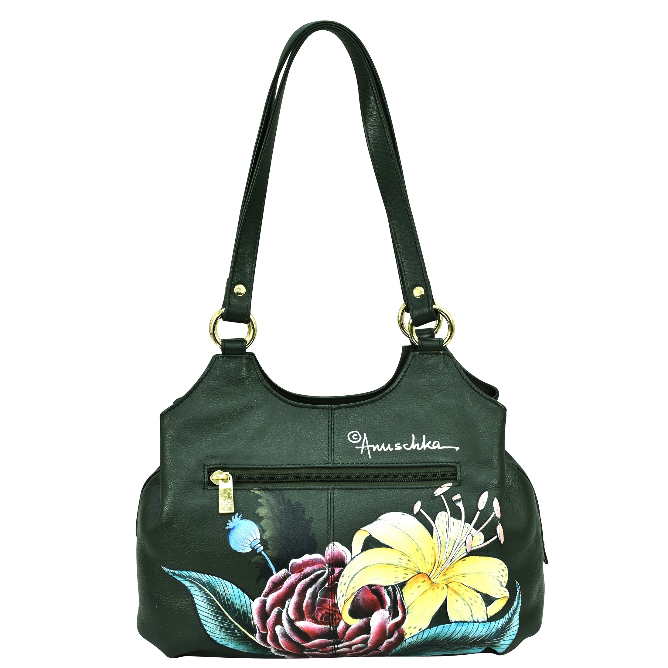 A dark green handbag with two straps, featuring hand-painted colorful floral designs and a front zipper pocket. The genuine leather Triple Compartment Satchel - 469 showcases the brand name "Anuschka" prominently on the front.