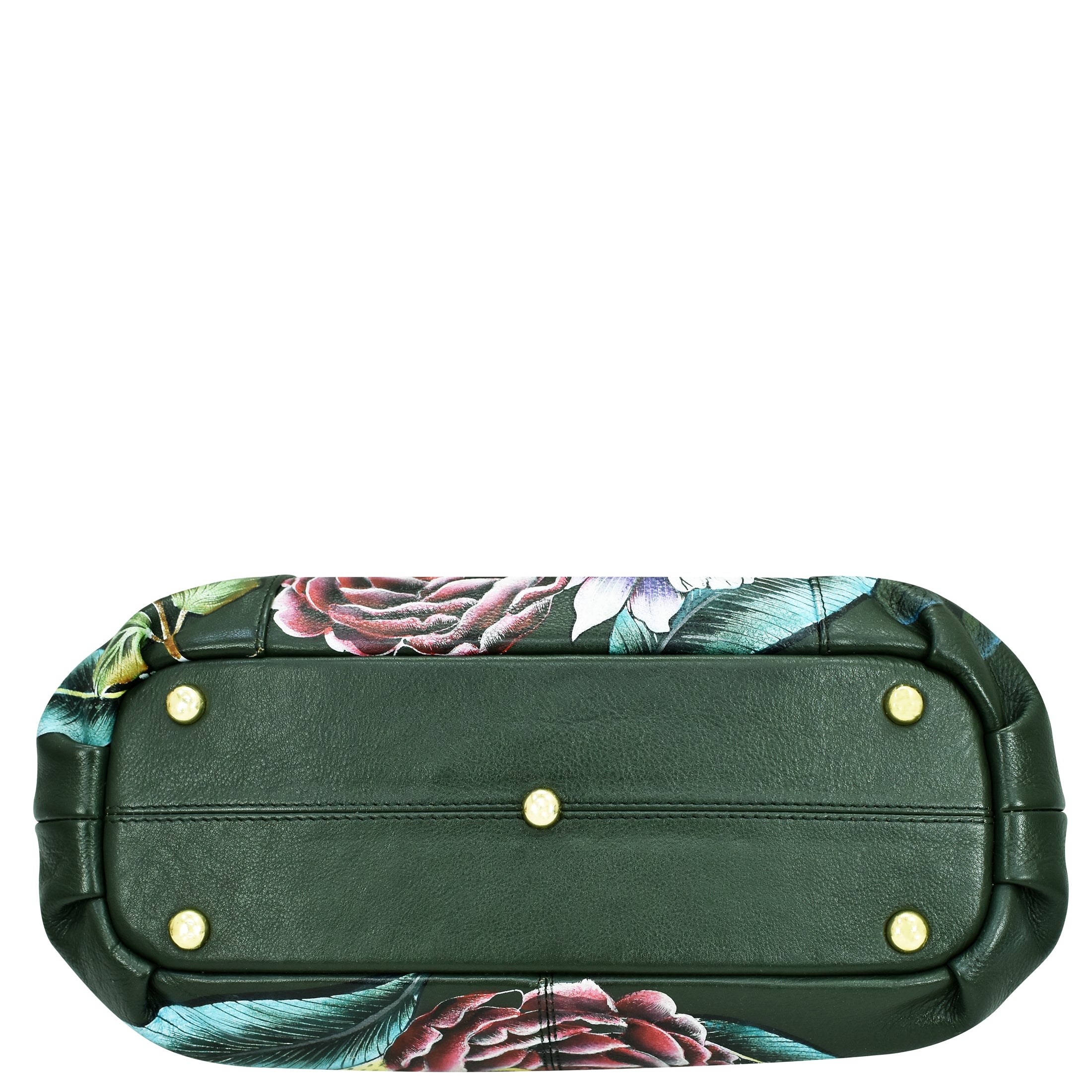 Bottom view of the Anuschka Triple Compartment Satchel - 469 made from genuine green leather with hand-painted floral patterns and gold-tone metal feet.