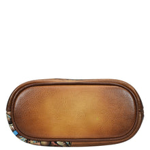 Load image into Gallery viewer, Brown genuine leather eyeglasses case with floral interior edge on a white background, Anuschka Organizer Crossbody With Extended Side Zipper - 493.
