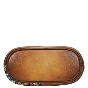 Brown genuine leather eyeglasses case with floral interior edge on a white background, Anuschka Organizer Crossbody With Extended Side Zipper - 493.