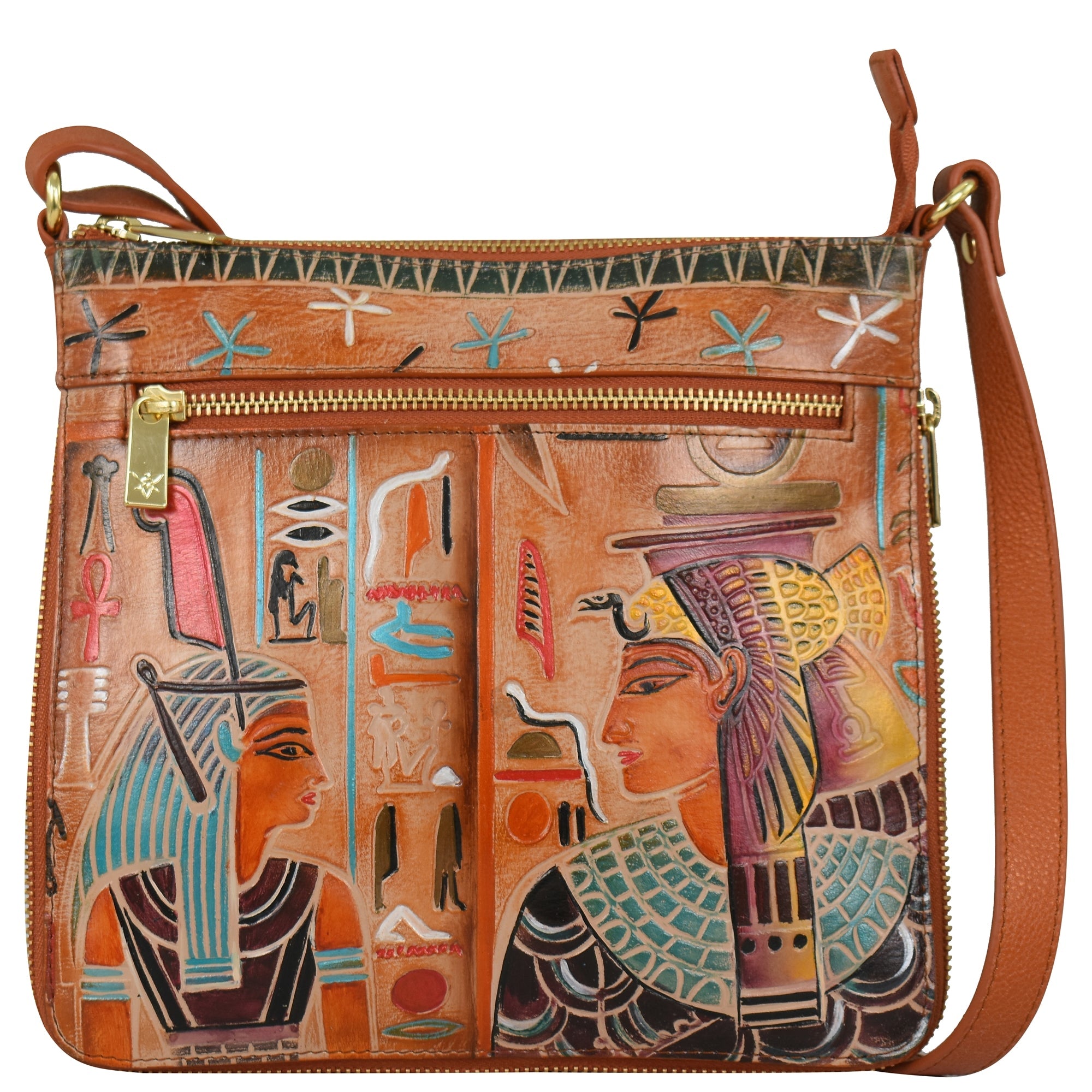 The Anuschka Expandable Travel Crossbody - 550 is crafted from genuine leather and showcases an ancient Egyptian-inspired design with two figures depicted in colorful traditional attire amidst hieroglyphic motifs. The hand-painted artwork is complemented by a front zipper pocket and an adjustable strap.