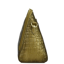 Load image into Gallery viewer, Gold-colored, triangular-shaped Anuschka Zip Around Travel Organizer - 668 with a crocodile skin texture and a zipper closure seen from the side.

