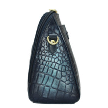 Load image into Gallery viewer, Side view of a blue textured leather Zip Around Travel Organizer - 668 from Anuschka with an adjustable strap and a metallic clasp closure.
