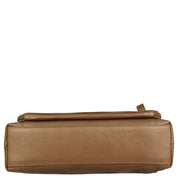 Bottom view of the Shoulder Organizer - 684 by Anuschka, a rectangular tan genuine leather handbag with visible stitching, a zipper at the top, and featuring an optional removable crossbody strap.