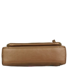 Load image into Gallery viewer, Bottom view of the Shoulder Organizer - 684 by Anuschka, a rectangular tan genuine leather handbag with visible stitching, a zipper at the top, and featuring an optional removable crossbody strap.
