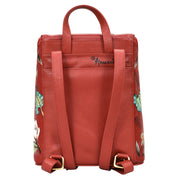 Red floral genuine leather Bucket Backpack - 685 with gold hardware by Anuschka.