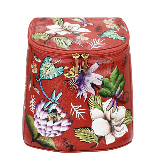 Red floral genuine leather Bucket Backpack - 685 with gold hardware by Anuschka.