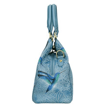 Load image into Gallery viewer, Blue leather Multi Compartment Satchel - 690 with hummingbird design and floral pattern by Anuschka.
