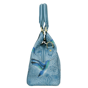 Blue leather Multi Compartment Satchel - 690 with hummingbird design and floral pattern by Anuschka.