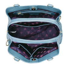 Load image into Gallery viewer, Top-down view of an open, empty Anuschka Multi Compartment Satchel - 690 with purple floral interior lining.
