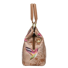 Load image into Gallery viewer, Tan genuine leather Multi Compartment Satchel - 690 with a hummingbird pattern by Anuschka.
