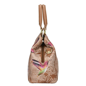 Tan genuine leather Multi Compartment Satchel - 690 with a hummingbird pattern by Anuschka.