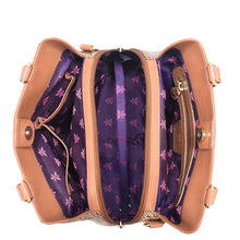 Load image into Gallery viewer, Open Anuschka Multi Compartment Satchel - 690 with a purple floral interior design.
