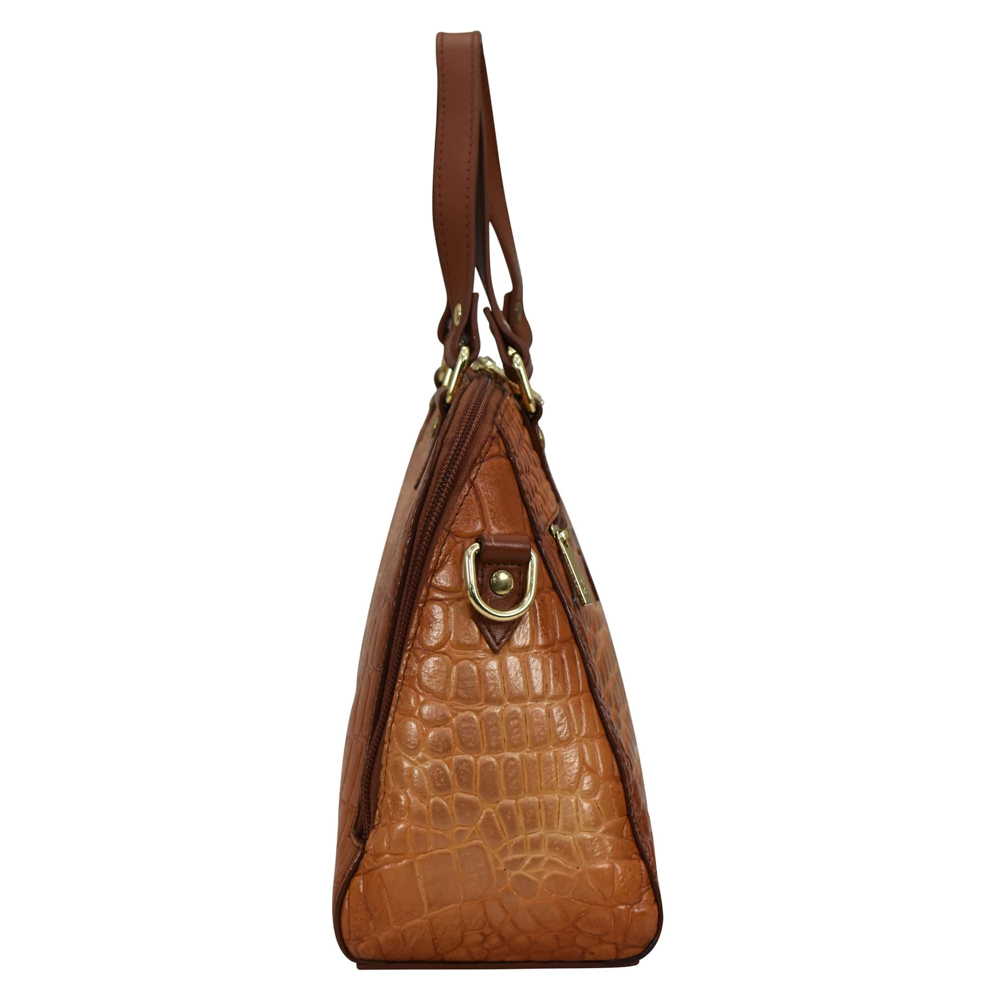 Brown genuine leather Wide Organizer Satchel - 695 with crocodile texture and gold-tone hardware by Anuschka.