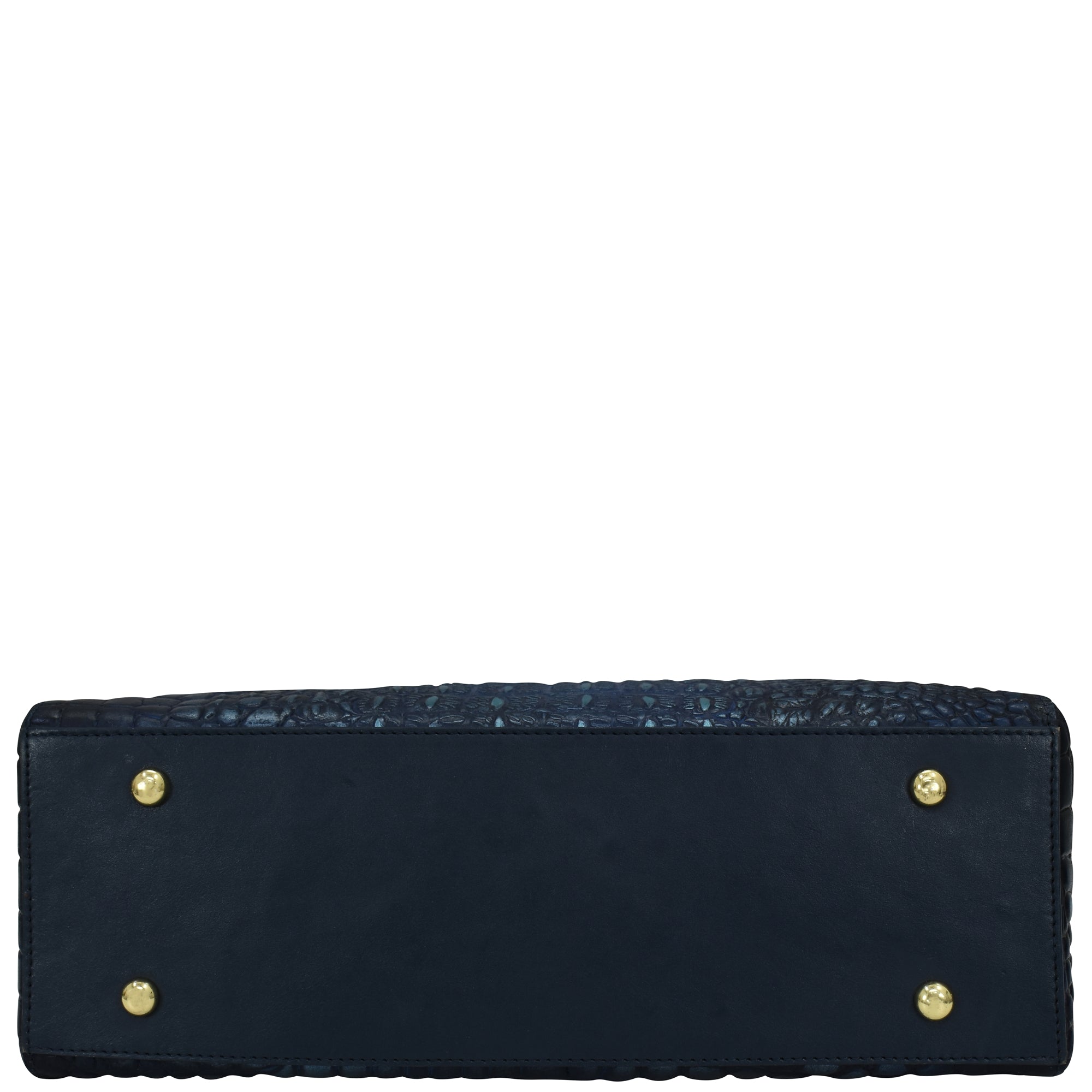 A black genuine leather Wide Organizer Satchel - 695 by Anuschka with visible stitching and metal studs on a white background.