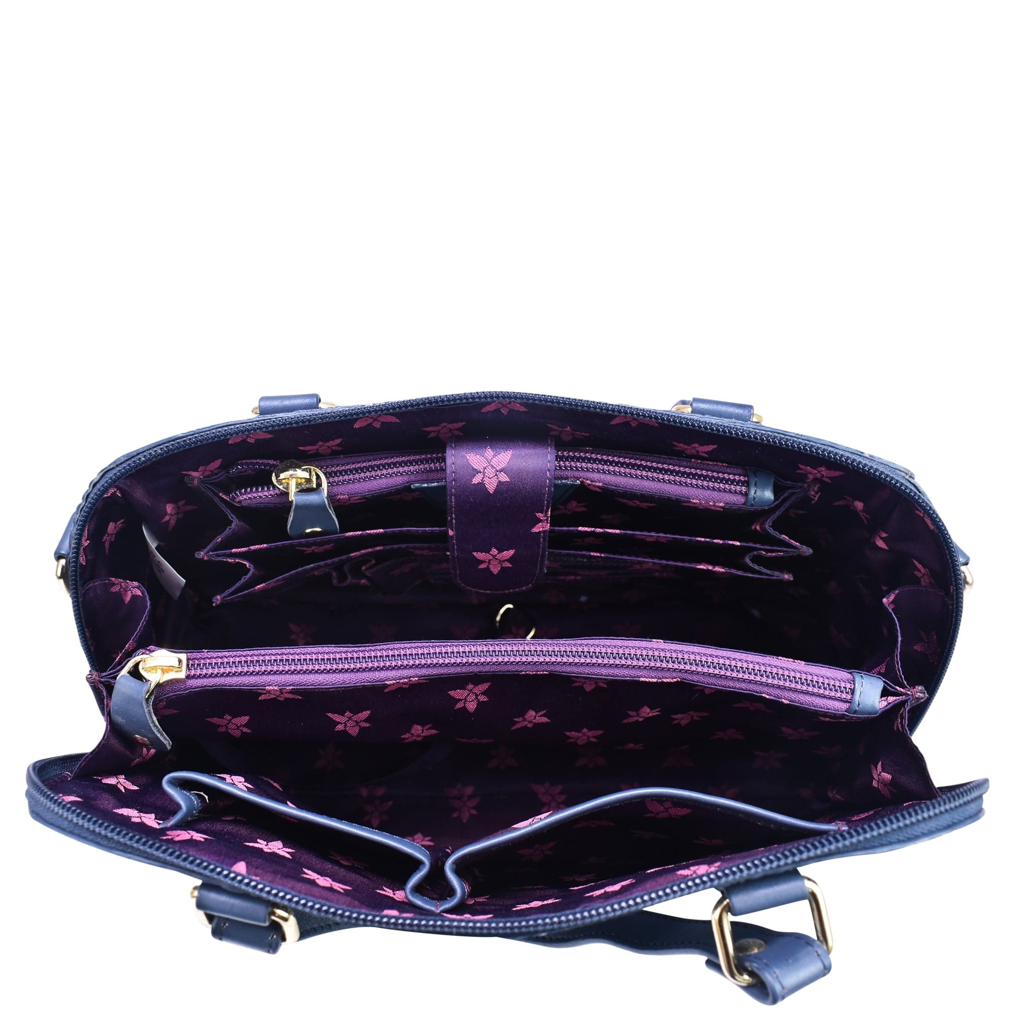 Open empty Anuschka Wide Organizer Satchel - 695 revealing its interior compartments against a white background.