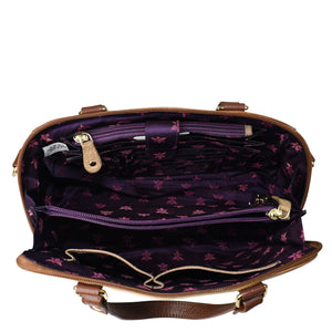 Open brown genuine leather Wide Organizer Satchel - 695 with purple interior and multiple compartments by Anuschka.