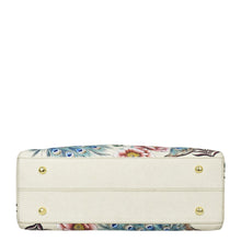 Load image into Gallery viewer, White floral and peacock feather print Anuschka genuine leather wide organizer satchel with gold-tone stud accents.
