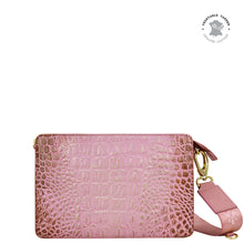 Load image into Gallery viewer, Anuschka Pink leather Triple Compartment Crossbody - 696 with crocodile pattern and gold-tone hardware.
