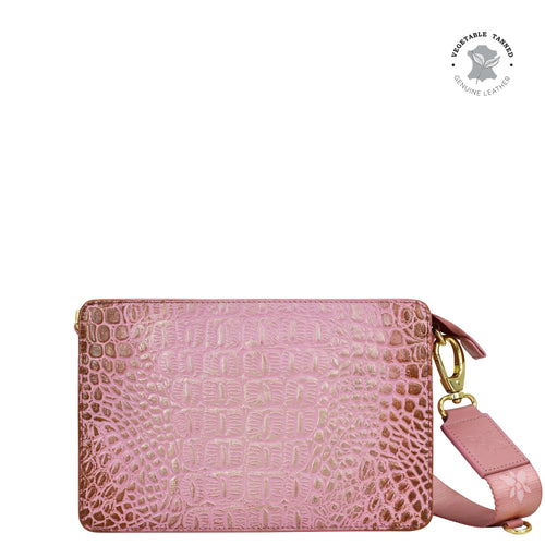 Anuschka Pink leather Triple Compartment Crossbody - 696 with crocodile pattern and gold-tone hardware.