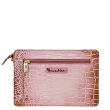 Load image into Gallery viewer, Pink crocodile-textured leather Triple Compartment Crossbody - 696 wallet with compartments and Anuschka brand label.
