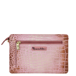 Pink crocodile-textured leather Triple Compartment Crossbody - 696 wallet with compartments and Anuschka brand label.