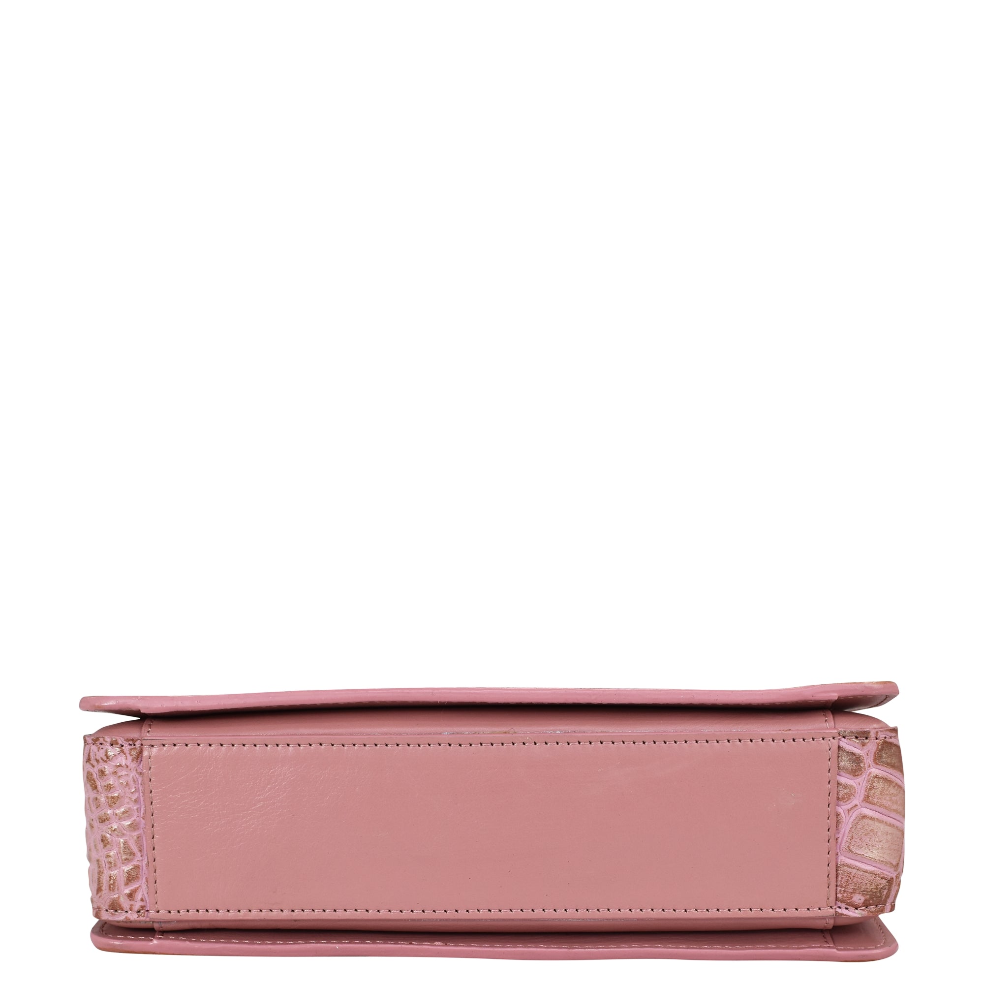 Side view of a pink, organized Triple Compartment Crossbody - 696 by Anuschka with a textured design and compartments.