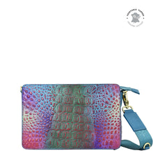 Load image into Gallery viewer, Multicolored crocodile pattern leather Triple Compartment Crossbody - 696 with a blue strap by Anuschka.
