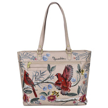 Load image into Gallery viewer, Floral and bird patterned, hand-painted Anuschka Large Zip Top Tote - 698 with dual handles.
