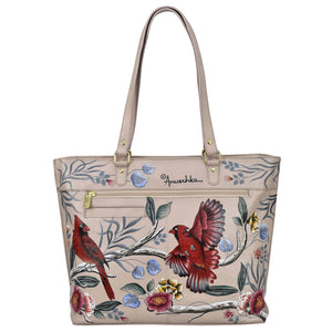 Floral and bird patterned, hand-painted Anuschka Large Zip Top Tote - 698 with dual handles.