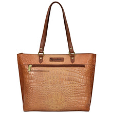 Load image into Gallery viewer, Anuschka Large Zip Top Tote - 698 with embossed logo, zipper pocket, and hand-painted details.
