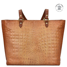 Load image into Gallery viewer, Brown leather Large Zip Top Tote - 698 with crocodile texture, hand-painted artwork, and gold-tone hardware by Anuschka.
