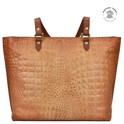 Brown leather Large Zip Top Tote - 698 with crocodile texture, hand-painted artwork, and gold-tone hardware by Anuschka.