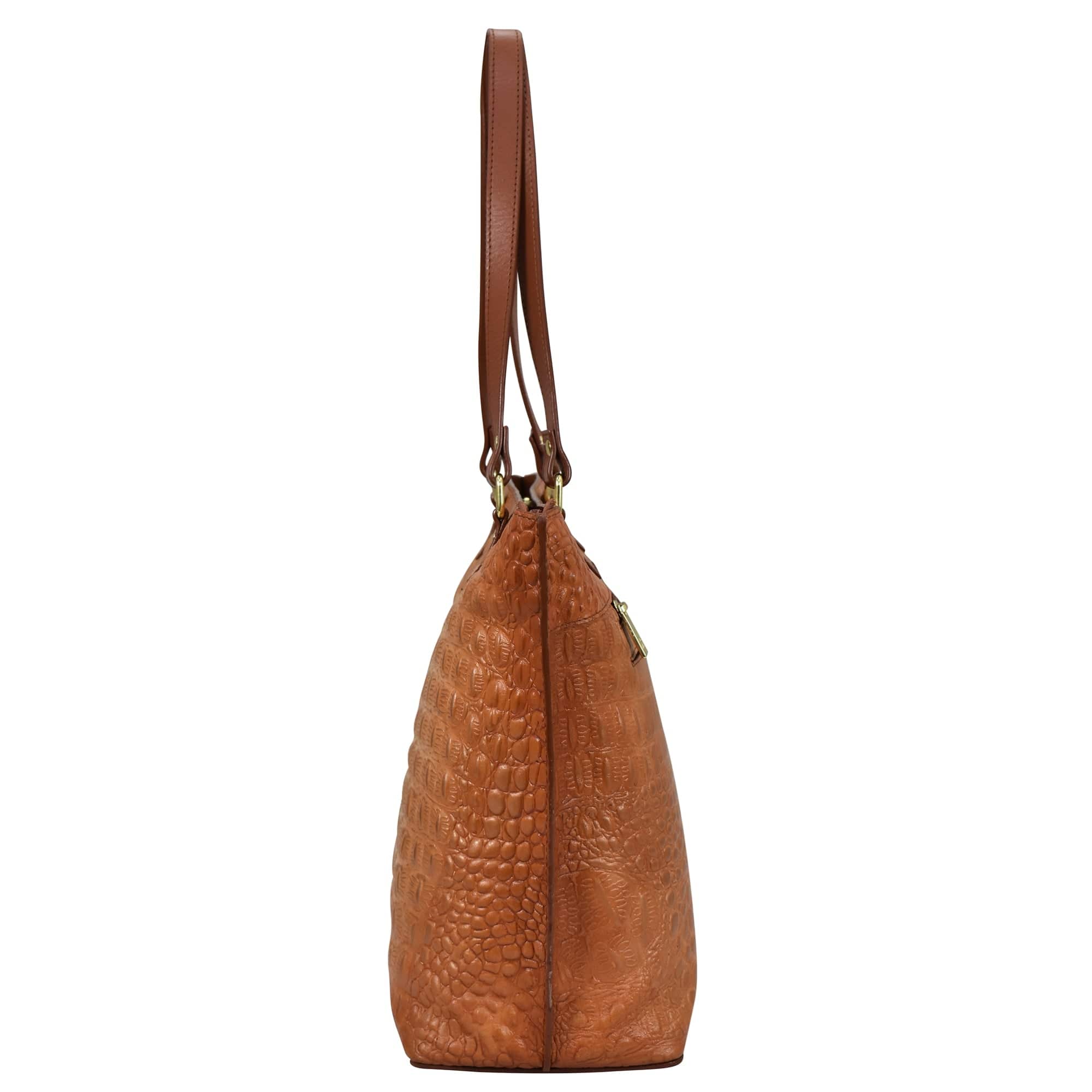 Brown leather Large Zip Top Tote - 698 with textured pattern and shoulder strap by Anuschka.