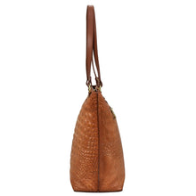 Load image into Gallery viewer, Brown leather Large Zip Top Tote - 698 with textured pattern and shoulder strap by Anuschka.

