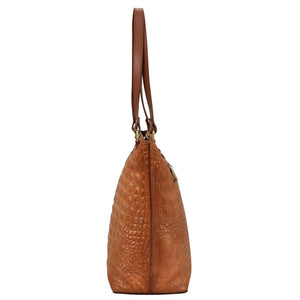Brown leather Large Zip Top Tote - 698 with textured pattern and shoulder strap by Anuschka.