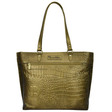 Load image into Gallery viewer, Gold-tone crocodile-embossed genuine leather Anuschka Large Zip Top Tote - 698 with a front zipper and top handles.
